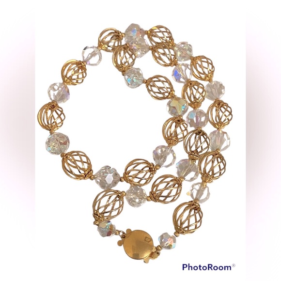 Vintage Crystal Gold Plated Beads Necklace Aurora Borealis Faceted Crystal Bead - Picture 12 of 12